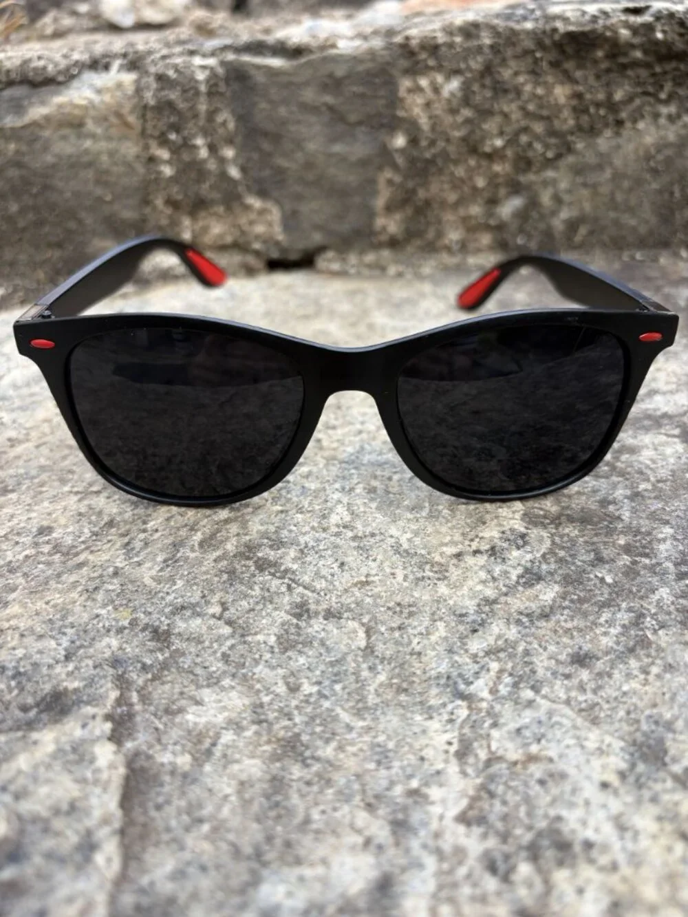Matte Black Wayfarer Style Sunglasses Red Accent Grip Sport Performance New